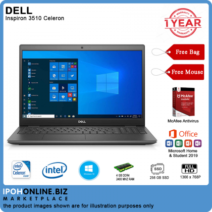Dell Inspiron 3510 Celeron (N4020/15.6"HD/4GB/256GB M.2 SSD/Win10H) with FOC Microsoft Home & Student, McAfee Antivirus, Laptop Bag and Mouse Dell Inspiron 3510 Celeron (N4020/15.6"HD/4GB/256GB M.2 SSD/Win10H) with FOC Microsoft Home & Student, McAfee Antivirus, Laptop Bag and Mouse