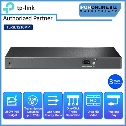 Tp-Link TL-SL1218MP 16 Port 10/100Mbps + 2 Port Gigabit Rackmount Switch with 16 Port PoE+ with Transmission for Surveillance up to 250m