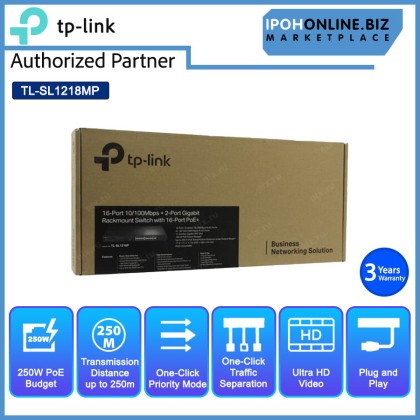 Tp-Link TL-SL1218MP 16 Port 10/100Mbps + 2 Port Gigabit Rackmount Switch with 16 Port PoE+ with Transmission for Surveillance up to 250m
