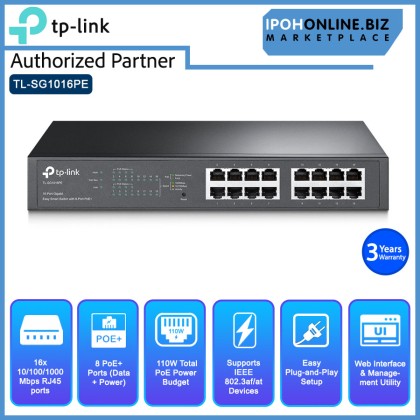 TP-Link 16-Port Gigabit Desktop/Rackmount PoE+ Easy Smart Switch With 8 PoE+ ports TP-Link 16-Port Gigabit Desktop/Rackmount PoE+ Easy Smart Switch With 8 PoE+ ports