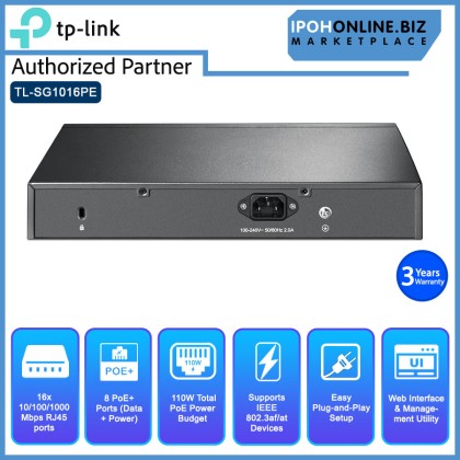 TP-Link 16-Port Gigabit Desktop/Rackmount PoE+ Easy Smart Switch With 8 PoE+ ports TP-Link 16-Port Gigabit Desktop/Rackmount PoE+ Easy Smart Switch With 8 PoE+ ports