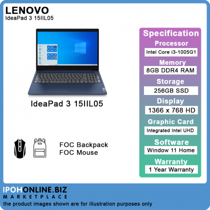 Lenovo IdeaPad 3 15IIL05 (Intel i3-1005G1/8GB/256GB SSD/W11 Home/15.6" HD/Touch Screen) Laptop - FOC Mouse + Backpack Lenovo IdeaPad 3 15IIL05 (Intel i3-1005G1/8GB/256GB SSD/W11 Home/15.6" HD/Touch Screen) Laptop - FOC Mouse + Backpack
