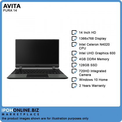 Avita Pura E 14 Laptop (Celeron N4020/4GB/128GB SSD/W10H/HD) Ink Black - FOC Mouse + Backpack Avita Pura E 14 Laptop (Celeron N4020/4GB/128GB SSD/W10H/HD) Ink Black - FOC Mouse + Backpack