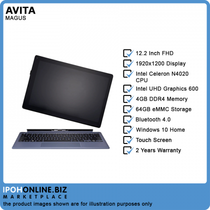 Avita Magus 2-In-1 Touch Screen Tablet Notebook (Celeron N4020/4GB/64GB eMMC/W10H/12.2" FHD) Charcoal Grey - FOC Mouse