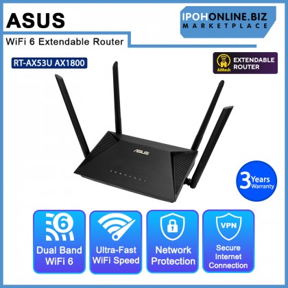 ASUS RT-AX53U AX1800 Dual Band WiFi 6 Extendable Router, Subscription Free Network Security, Built-in VPN, Parental Control, Gaming, AiMesh ASUS RT-AX53U AX1800 Dual Band WiFi 6 Extendable Router, Subscription Free Network Security, Built-in VPN, Parental Control, Gaming, AiMesh