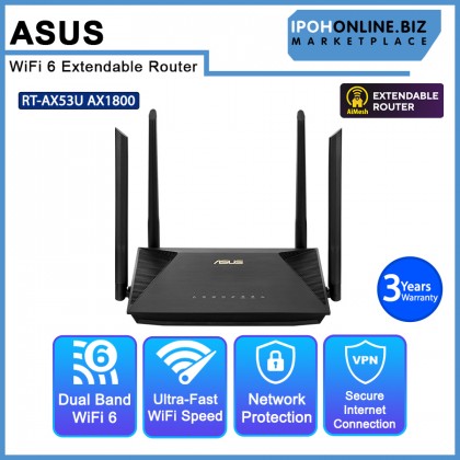 ASUS RT-AX53U AX1800 Dual Band WiFi 6 Extendable Router, Subscription Free Network Security, Built-in VPN, Parental Control, Gaming, AiMesh ASUS RT-AX53U AX1800 Dual Band WiFi 6 Extendable Router, Subscription Free Network Security, Built-in VPN, Parental Control, Gaming, AiMesh