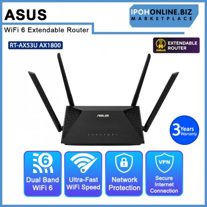 ASUS RT-AX53U AX1800 Dual Band WiFi 6 Extendable Router, Subscription Free Network Security, Built-in VPN, Parental Control, Gaming, AiMesh ASUS RT-AX53U AX1800 Dual Band WiFi 6 Extendable Router, Subscription Free Network Security, Built-in VPN, Parental Control, Gaming, AiMesh