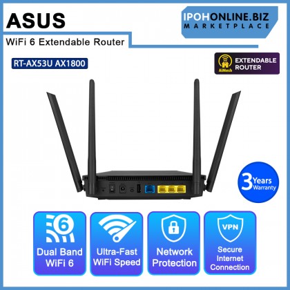ASUS RT-AX53U AX1800 Dual Band WiFi 6 Extendable Router, Subscription Free Network Security, Built-in VPN, Parental Control, Gaming, AiMesh ASUS RT-AX53U AX1800 Dual Band WiFi 6 Extendable Router, Subscription Free Network Security, Built-in VPN, Parental Control, Gaming, AiMesh