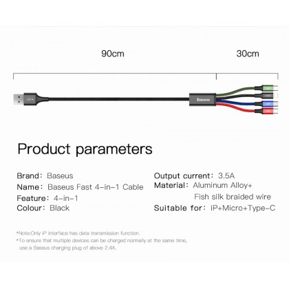 Baseus 4 in1 USB Cable IP+Micro USB+Type-C Ports Cable (1.2M)