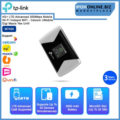 TP-LINK M7450 4G+ LTE-Advanced 300Mbps Mobile Wi-Fi Hotspot MiFi - Celcom UMobile Digi Maxis Yes Unifi TP-LINK M7450 4G+ LTE-Advanced 300Mbps Mobile Wi-Fi Hotspot MiFi - Celcom UMobile Digi Maxis Yes Unifi