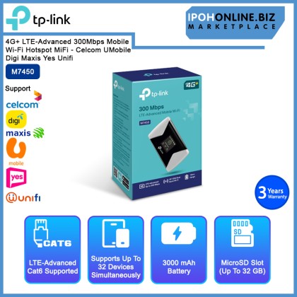 TP-LINK M7450 4G+ LTE-Advanced 300Mbps Mobile Wi-Fi Hotspot MiFi - Celcom UMobile Digi Maxis Yes Unifi TP-LINK M7450 4G+ LTE-Advanced 300Mbps Mobile Wi-Fi Hotspot MiFi - Celcom UMobile Digi Maxis Yes Unifi