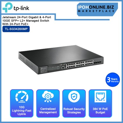 TP-LINK TL-SG3428XMP Jetstream 24-Port Gigabit & 4-Port 10GE SFP+ L2+ Managed Switch With 24-Port PoE+ TP-LINK TL-SG3428XMP Jetstream 24-Port Gigabit & 4-Port 10GE SFP+ L2+ Managed Switch With 24-Port PoE+