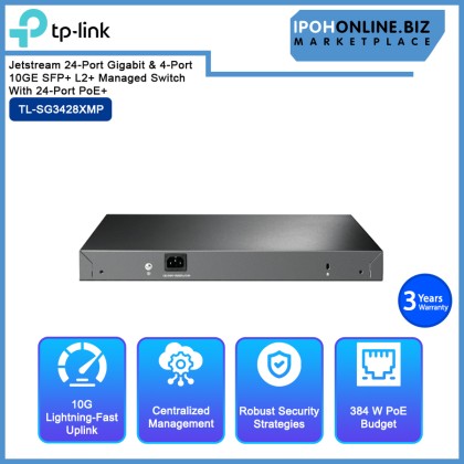 TP-LINK TL-SG3428XMP Jetstream 24-Port Gigabit & 4-Port 10GE SFP+ L2+ Managed Switch With 24-Port PoE+ TP-LINK TL-SG3428XMP Jetstream 24-Port Gigabit & 4-Port 10GE SFP+ L2+ Managed Switch With 24-Port PoE+