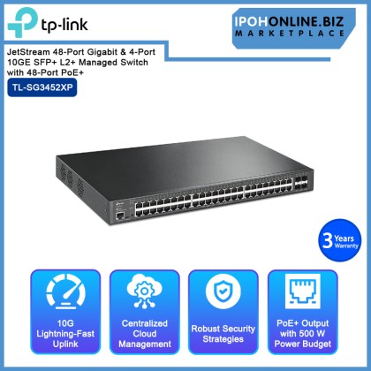 TP-LINK TL-SG3452XP JetStream 48-Port Gigabit & 4-Port 10GE SFP+ L2+ Managed Switch with 48-Port PoE+ TP-LINK TL-SG3452XP JetStream 48-Port Gigabit & 4-Port 10GE SFP+ L2+ Managed Switch with 48-Port PoE+