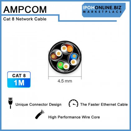 AMPCOM CAT8 Ethernet Cable 1M STP Slim Type - 2.5/5/10Gbps High Speed Network for Gaming Server Workstation Host AMPCOM CAT8 Ethernet Cable 1M STP Slim Type - 2.5/5/10Gbps High Speed Network for Gaming Server Workstation Host