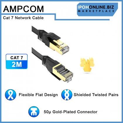 AMPCOM CAT7 Ethernet Cable Shielded Flat Type RJ45 2M - 2.5G/5G/10Gbps Network Patch Cord For Gaming Server Workstation Host AMPCOM CAT7 Ethernet Cable Shielded Flat Type RJ45 2M - 2.5G/5G/10Gbps Network Patch Cord For Gaming Server Workstation Host