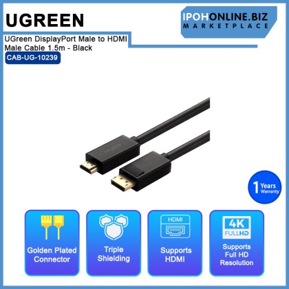 UGreen DisplayPort Male to HDMI Male Cable 1.5m - Black UGreen DisplayPort Male to HDMI Male Cable 1.5m - Black