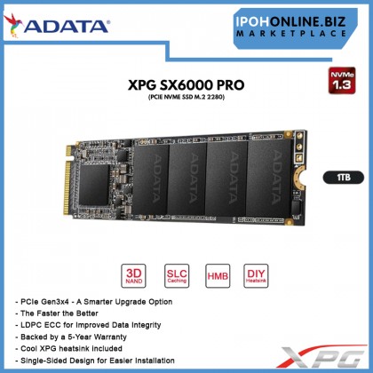 XPG SX6000 Pro PCIe Gen3x4 M.2 2280 Solid State Drive 1TB NVMe SSD XPG SX6000 Pro PCIe Gen3x4 M.2 2280 Solid State Drive 1TB NVMe SSD
