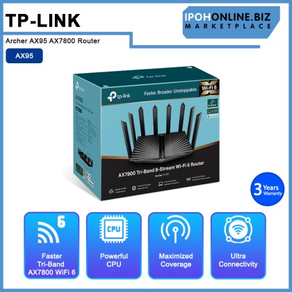TP-Link Archer AX95 AX7800 Tri-Band 8-Stream AX Mesh (Onemesh) Wireless WiFi 6 Router, Support MU-MImo TP-Link Archer AX95 AX7800 Tri-Band 8-Stream AX Mesh (Onemesh) Wireless WiFi 6 Router, Support MU-MImo
