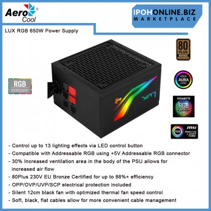 AEROCOOL LUX RGB 650W POWER SUPPLY UNIT 80 Plus 230V Bronze Certified PSU AEROCOOL LUX RGB 650W POWER SUPPLY UNIT 80 Plus 230V Bronze Certified PSU
