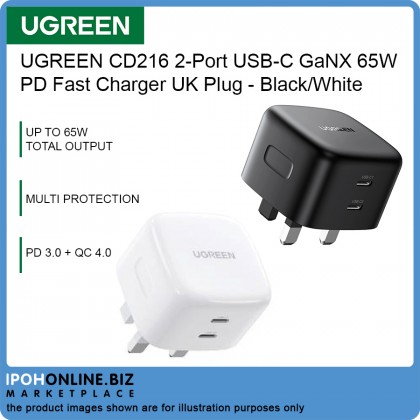 UGREEN 2-Port USB-C GaNX 65W PD Fast Charger UK Plug - Black/White UGREEN 2-Port USB-C GaNX 65W PD Fast Charger UK Plug - Black/White