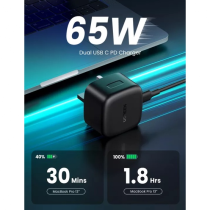 UGREEN 2-Port USB-C GaNX 65W PD Fast Charger UK Plug - Black/White UGREEN 2-Port USB-C GaNX 65W PD Fast Charger UK Plug - Black/White