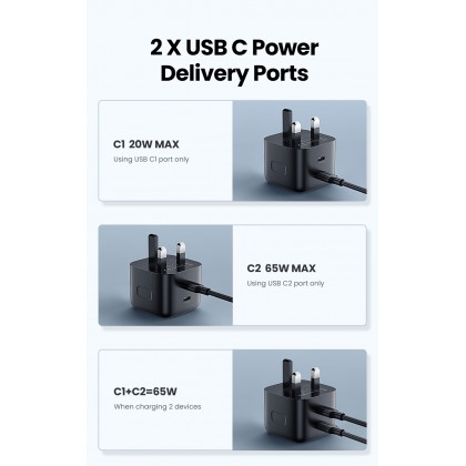 UGREEN 2-Port USB-C GaNX 65W PD Fast Charger UK Plug - Black/White UGREEN 2-Port USB-C GaNX 65W PD Fast Charger UK Plug - Black/White