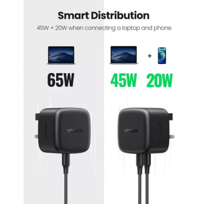 UGREEN 2-Port USB-C GaNX 65W PD Fast Charger UK Plug - Black/White UGREEN 2-Port USB-C GaNX 65W PD Fast Charger UK Plug - Black/White