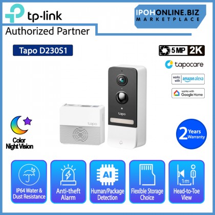 TP-Link Tapo D230S1 2K 5MP Color Night Vision IP64 Smart Battery Video Doorbell Camera Kit - Apartment TP-Link Tapo D230S1 2K 5MP Color Night Vision IP64 Smart Battery Video Doorbell Camera Kit - Apartment