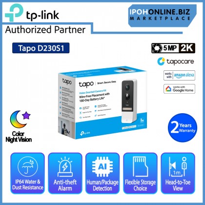 TP-Link Tapo D230S1 2K 5MP Color Night Vision IP64 Smart Battery Video Doorbell Camera Kit - Apartment TP-Link Tapo D230S1 2K 5MP Color Night Vision IP64 Smart Battery Video Doorbell Camera Kit - Apartment