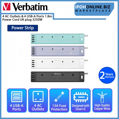 Verbatim 4 AC Outlets & 4 USB A Ports Power Strip 1.8m Power Cord UK plug 3250W Verbatim 4 AC Outlets & 4 USB A Ports Power Strip 1.8m Power Cord UK plug 3250W