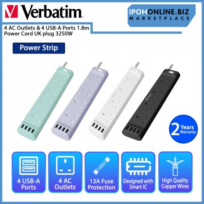 Verbatim 4 AC Outlets & 4 USB A Ports Power Strip 1.8m Power Cord UK plug 3250W Verbatim 4 AC Outlets & 4 USB A Ports Power Strip 1.8m Power Cord UK plug 3250W