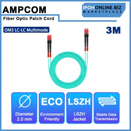 AMPCOM OM3 LC-LC UPC 50/125 Multimode Duplex Fiber Optic Patch Cord - 3M AMPCOM OM3 LC-LC UPC 50/125 Multimode Duplex Fiber Optic Patch Cord - 3M