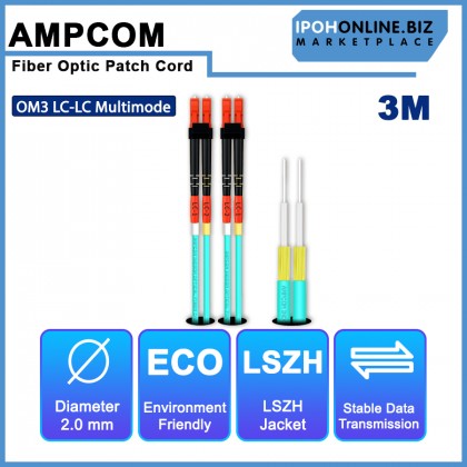 AMPCOM OM3 LC-LC UPC 50/125 Multimode Duplex Fiber Optic Patch Cord - 3M AMPCOM OM3 LC-LC UPC 50/125 Multimode Duplex Fiber Optic Patch Cord - 3M