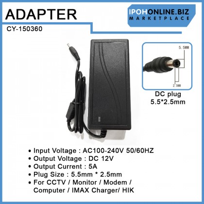 AC/DC 100V-240V Adapter 12V 5A 5.5mm*2.5mm For CCTV / Monitor / Modem / Computer / IMAX Charger/ HIK AC/DC 100V-240V Adapter 12V 5A 5.5mm*2.5mm For CCTV / Monitor / Modem / Computer / IMAX Charger/ HIK