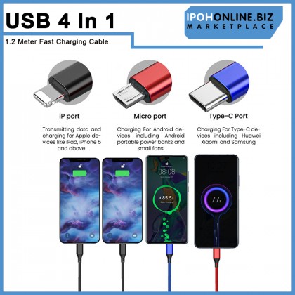 4 IN 1 USB Fast Charging Cable Double TYPE C 1 Lightning 1 Micro USB Port 1.2 Meter For iPhone Huawei Samsung Xiaomi