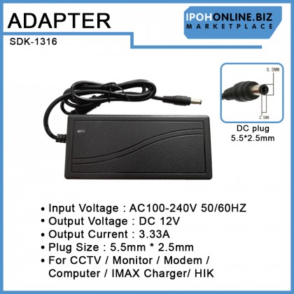 AC/DC 100V-240V Adapter 12V 3.33A 5.5mm*2.5mm For CCTV / Monitor / Modem / Computer / IMAX Charger/ HIK AC/DC 100V-240V Adapter 12V 3.33A 5.5mm*2.5mm For CCTV / Monitor / Modem / Computer / IMAX Charger/ HIK