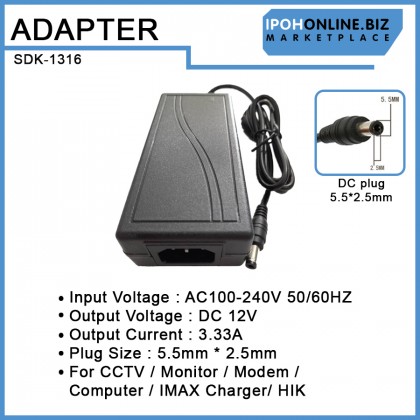 AC/DC 100V-240V Adapter 12V 3.33A 5.5mm*2.5mm For CCTV / Monitor / Modem / Computer / IMAX Charger/ HIK AC/DC 100V-240V Adapter 12V 3.33A 5.5mm*2.5mm For CCTV / Monitor / Modem / Computer / IMAX Charger/ HIK