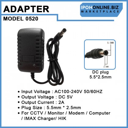 AC/DC UK 3 Pin 100-240V Power Adaptor 5V 2A DC Plug 5.5mm*2.5mm For CCTV / Monitor / Modem / Computer / IMAX Charger / HIK