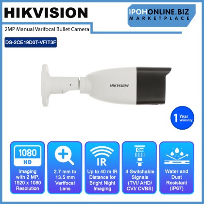 HIKVISION DS-2CE19D0T-VFIT3F 2MP Manual Varifocal Bullet Camera 2.7-13.5MM HIKVISION DS-2CE19D0T-VFIT3F 2MP Manual Varifocal Bullet Camera 2.7-13.5MM