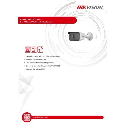 HIKVISION DS-2CE19D0T-VFIT3F 2MP Manual Varifocal Bullet Camera 2.7-13.5MM HIKVISION DS-2CE19D0T-VFIT3F 2MP Manual Varifocal Bullet Camera 2.7-13.5MM