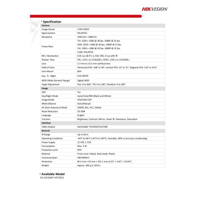 HIKVISION DS-2CE19D0T-VFIT3F 2MP Manual Varifocal Bullet Camera 2.7-13.5MM HIKVISION DS-2CE19D0T-VFIT3F 2MP Manual Varifocal Bullet Camera 2.7-13.5MM