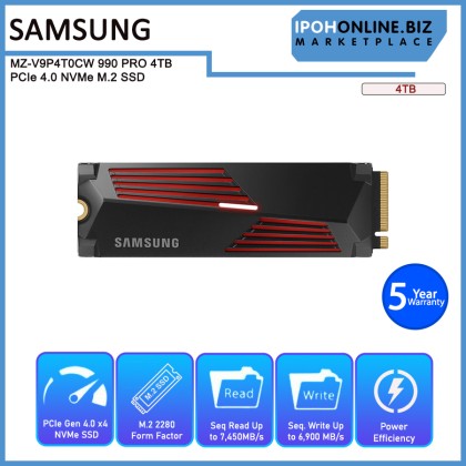 SAMSUNG MZ-V9P4T0CW 990 PRO With Heatsink 4TB PCIe 4.0 NVMe M.2 SSD SAMSUNG MZ-V9P4T0CW 990 PRO With Heatsink 4TB PCIe 4.0 NVMe M.2 SSD