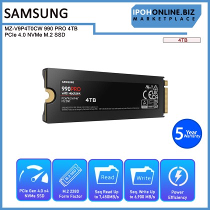 SAMSUNG MZ-V9P4T0CW 990 PRO With Heatsink 4TB PCIe 4.0 NVMe M.2 SSD SAMSUNG MZ-V9P4T0CW 990 PRO With Heatsink 4TB PCIe 4.0 NVMe M.2 SSD