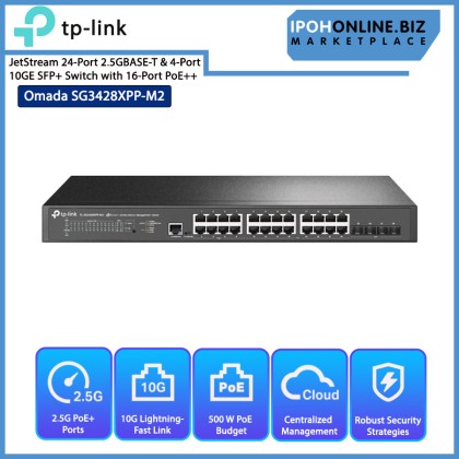 TP-LINK OMADA SG3428XPP-M2 JetStream 24-Port 2.5GBASE-T & 4-Port 10GE SFP+ L2+ Managed Switch With 16-Port PoE+ & 8-Port PoE++ TP-LINK OMADA SG3428XPP-M2 JetStream 24-Port 2.5GBASE-T & 4-Port 10GE SFP+ L2+ Managed Switch With 16-Port PoE+ & 8-Port PoE++