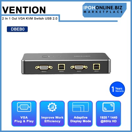 VENTION 2 IN 1 OUT VGA KVM SWITCH USB 2.0 Switcher for Printer Monitor Keyboard Mouse 2 PCs Sharing
