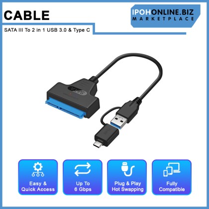 SATA To 2 in 1 USB 3.0 & Type C Cable Up To 6 Gbps for 2.5-inch External HDD SSD Hard Drive SATA To 2 in 1 USB 3.0 & Type C Cable Up To 6 Gbps for 2.5-inch External HDD SSD Hard Drive