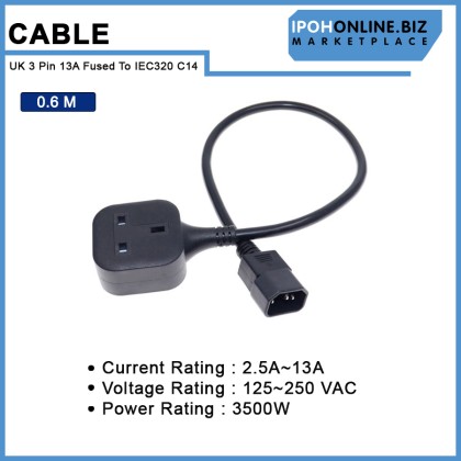 IEC C14 Male Plug to UK 3Pin 13A Fused Female Socket Power Adapter Cable