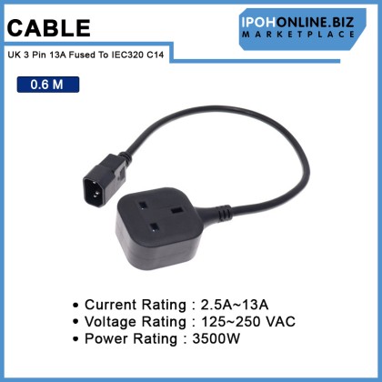 IEC C14 Male Plug to UK 3Pin 13A Fused Female Socket Power Adapter Cable
