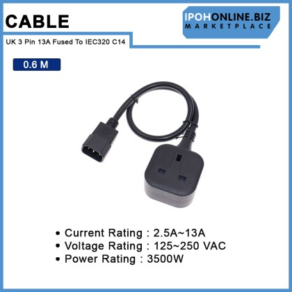 IEC C14 Male Plug to UK 3Pin 13A Fused Female Socket Power Adapter Cable